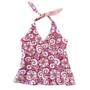 Vintage Y2K 2000s Halter Babydoll Top Pink Floral Linen Cotton Size M Beachy